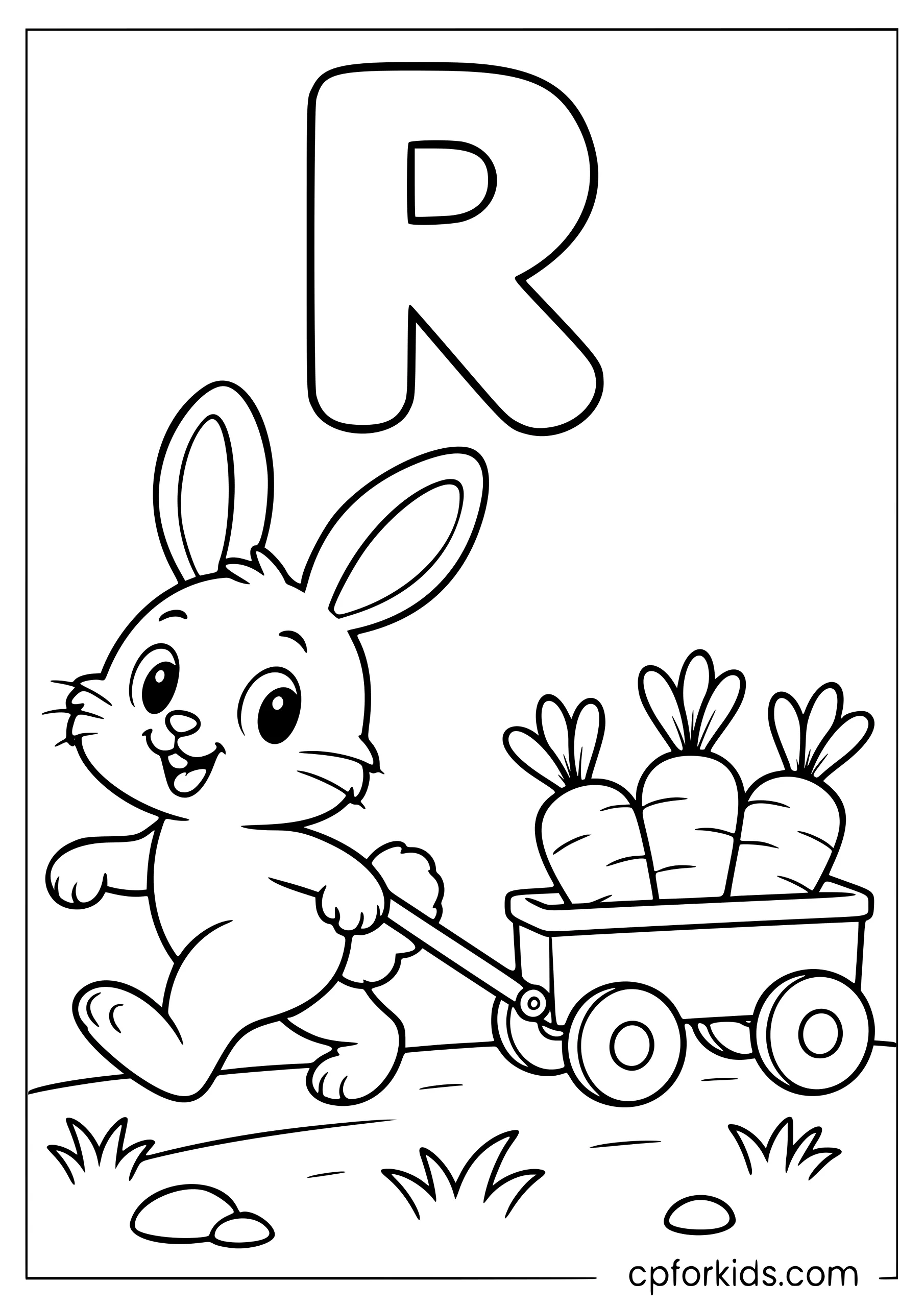 Uppercase R above rabbit pulling a wagon of carrots