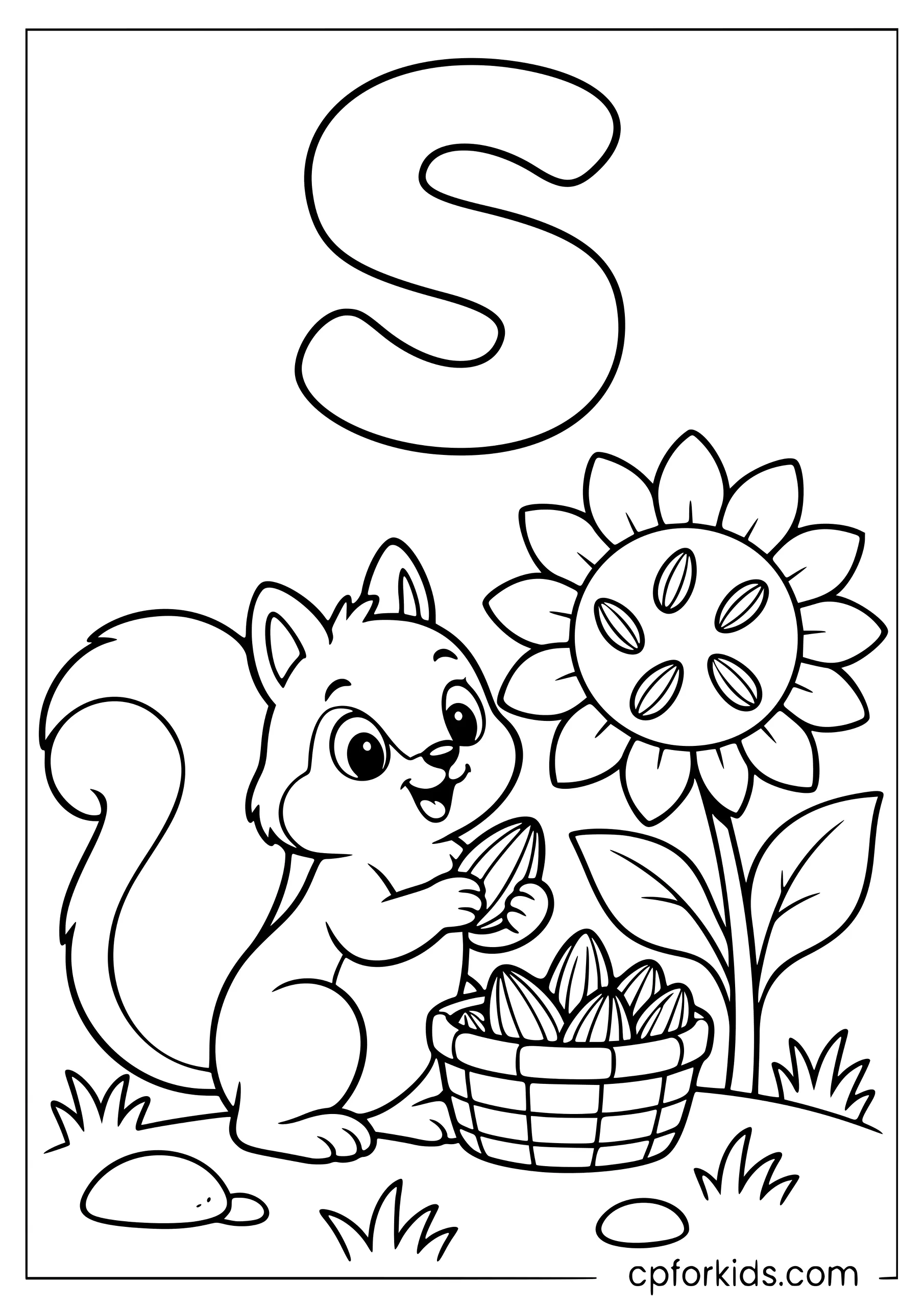 Uppercase S above squirrel gathering large sunflower seeds