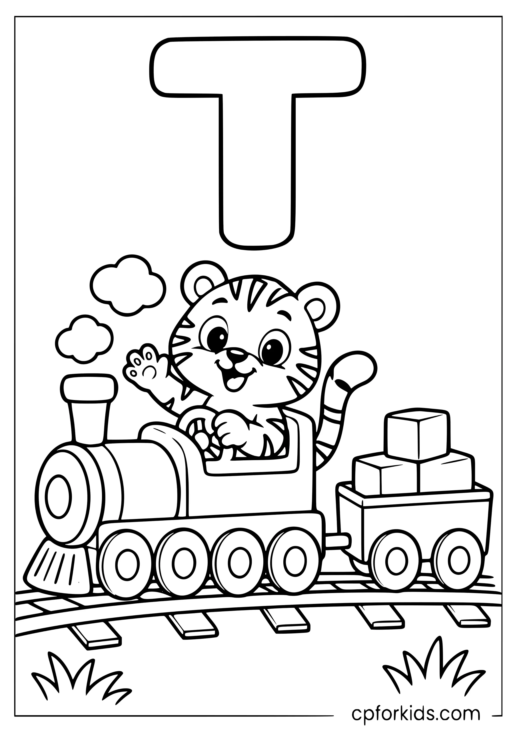 Uppercase T above tiger driving a toy train