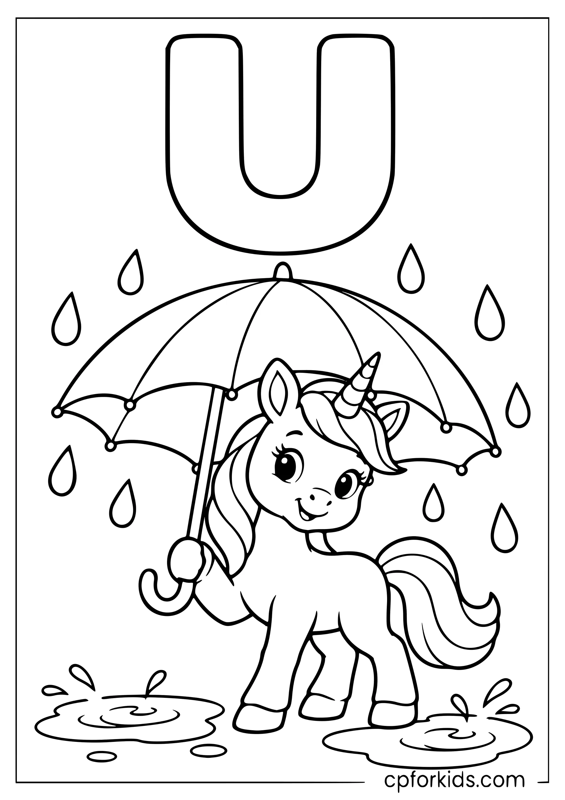 Uppercase U above unicorn sheltering beneath an umbrella
