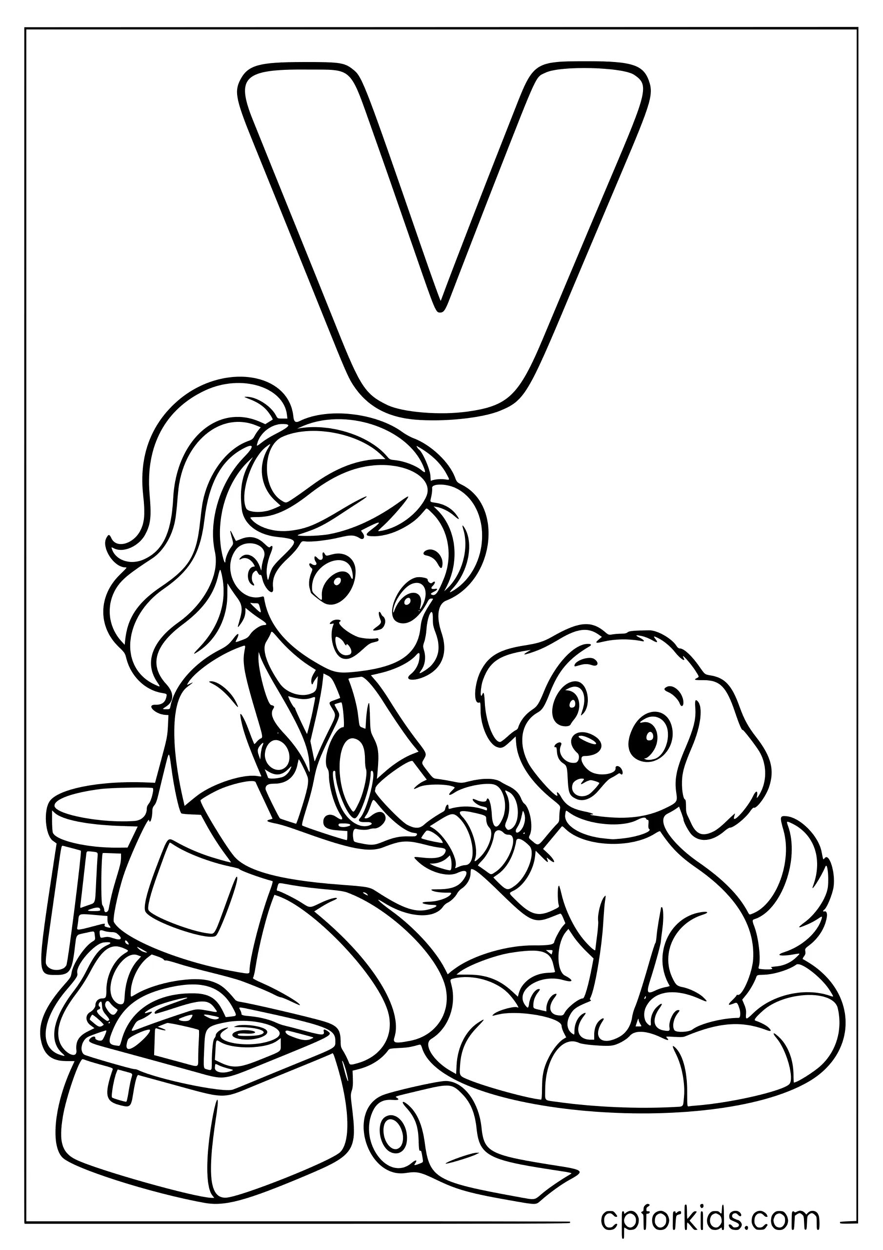 Uppercase V above veterinarian bandaging puppy’s front paw