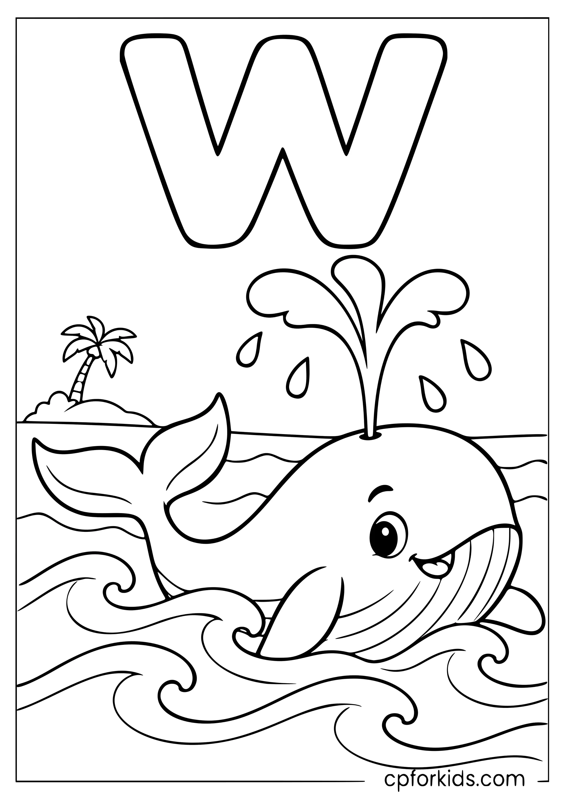 Uppercase W above whale spouting between ocean waves