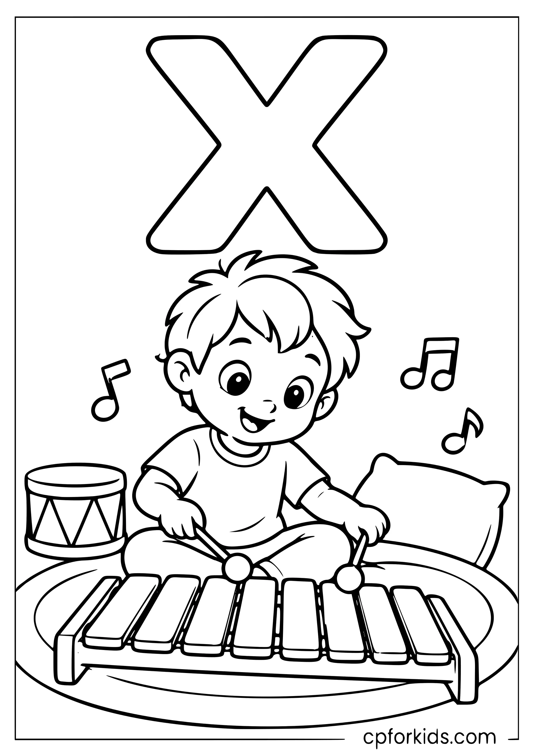 Uppercase X above child playing a large xylophone