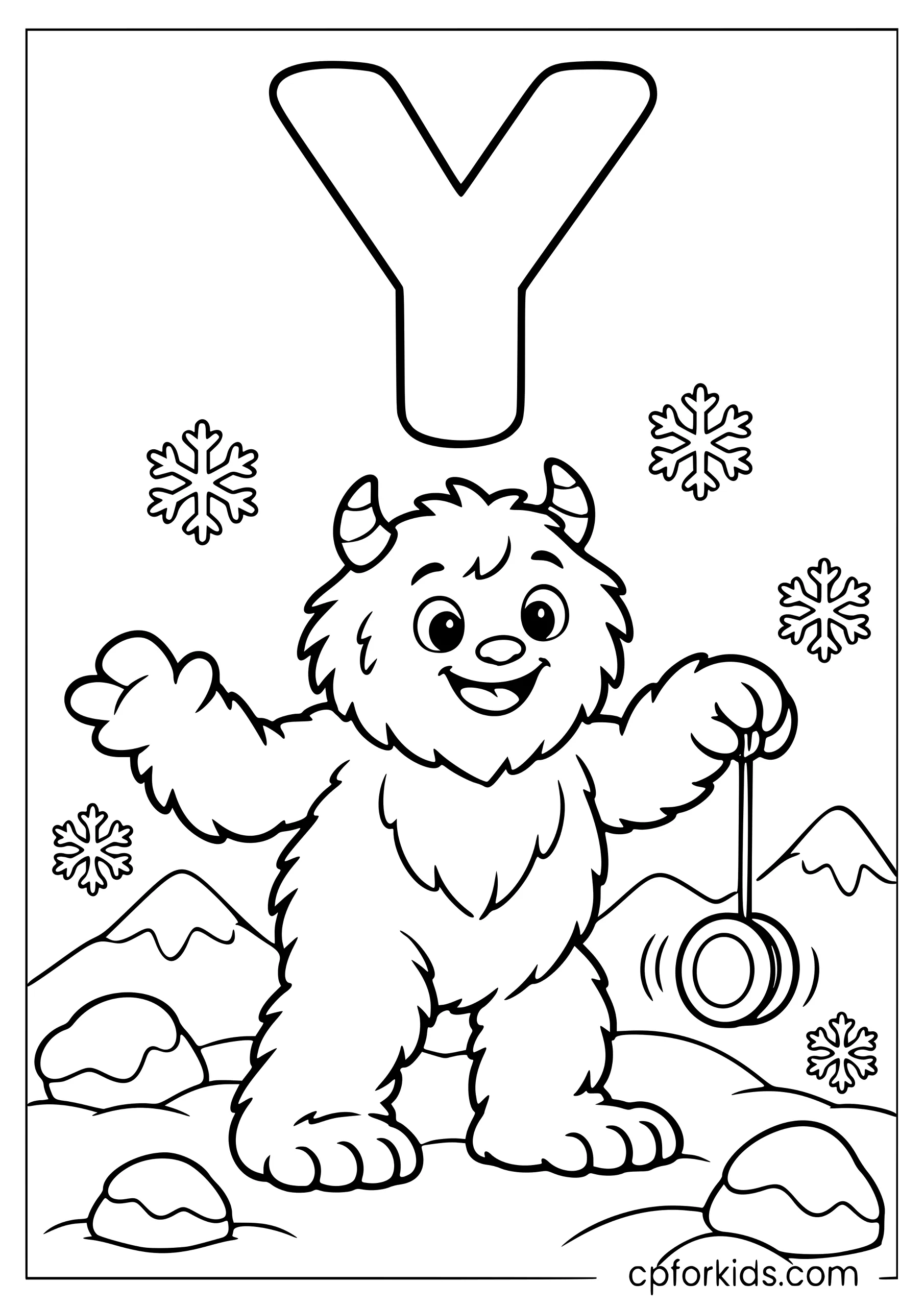 Uppercase Y above yeti playing with a yo-yo
