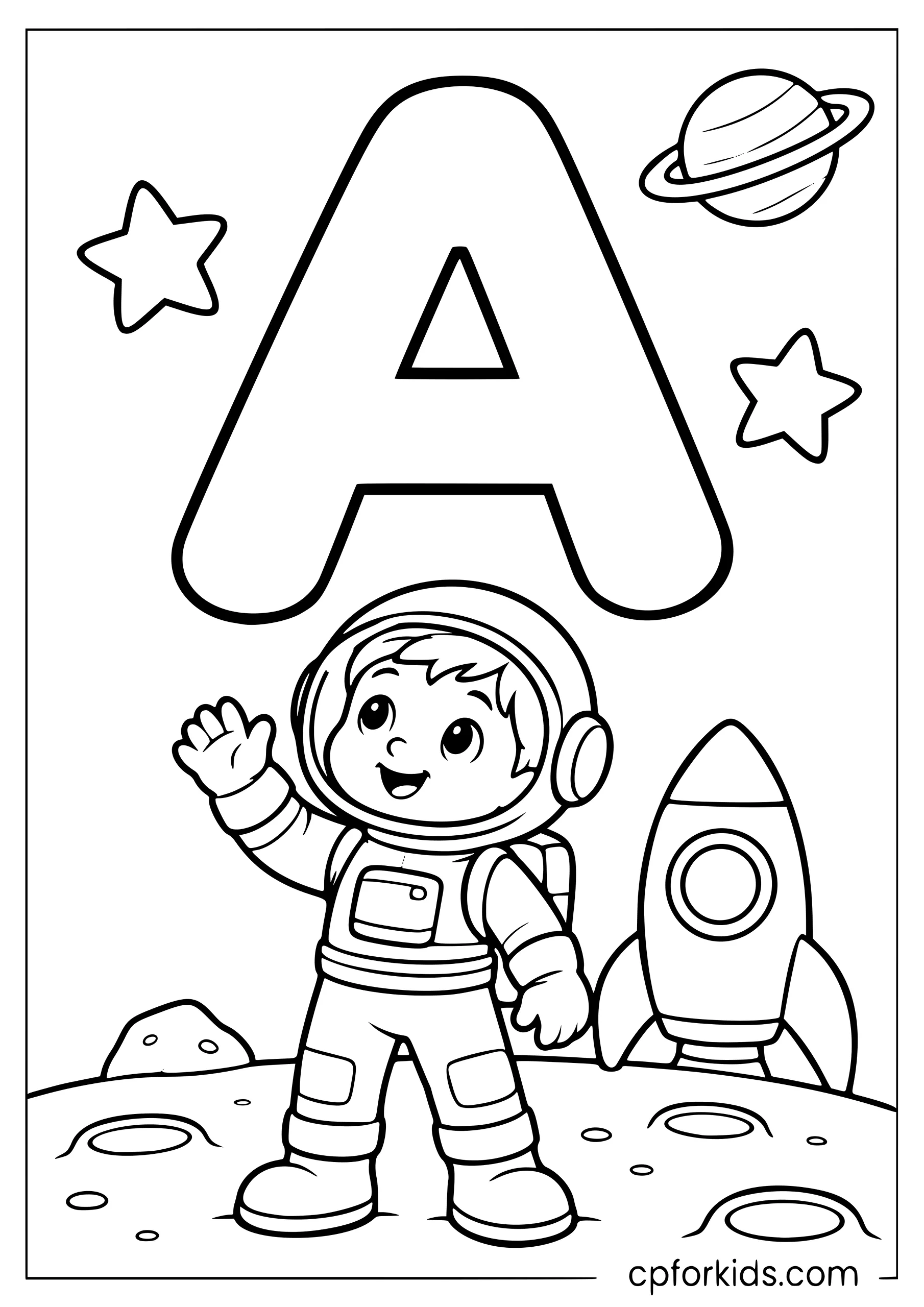 Uppercase A above a child astronaut on the moon