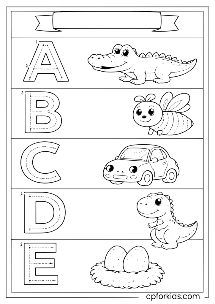 Letter A to E trace and color page with dotted letters and pictures for kids