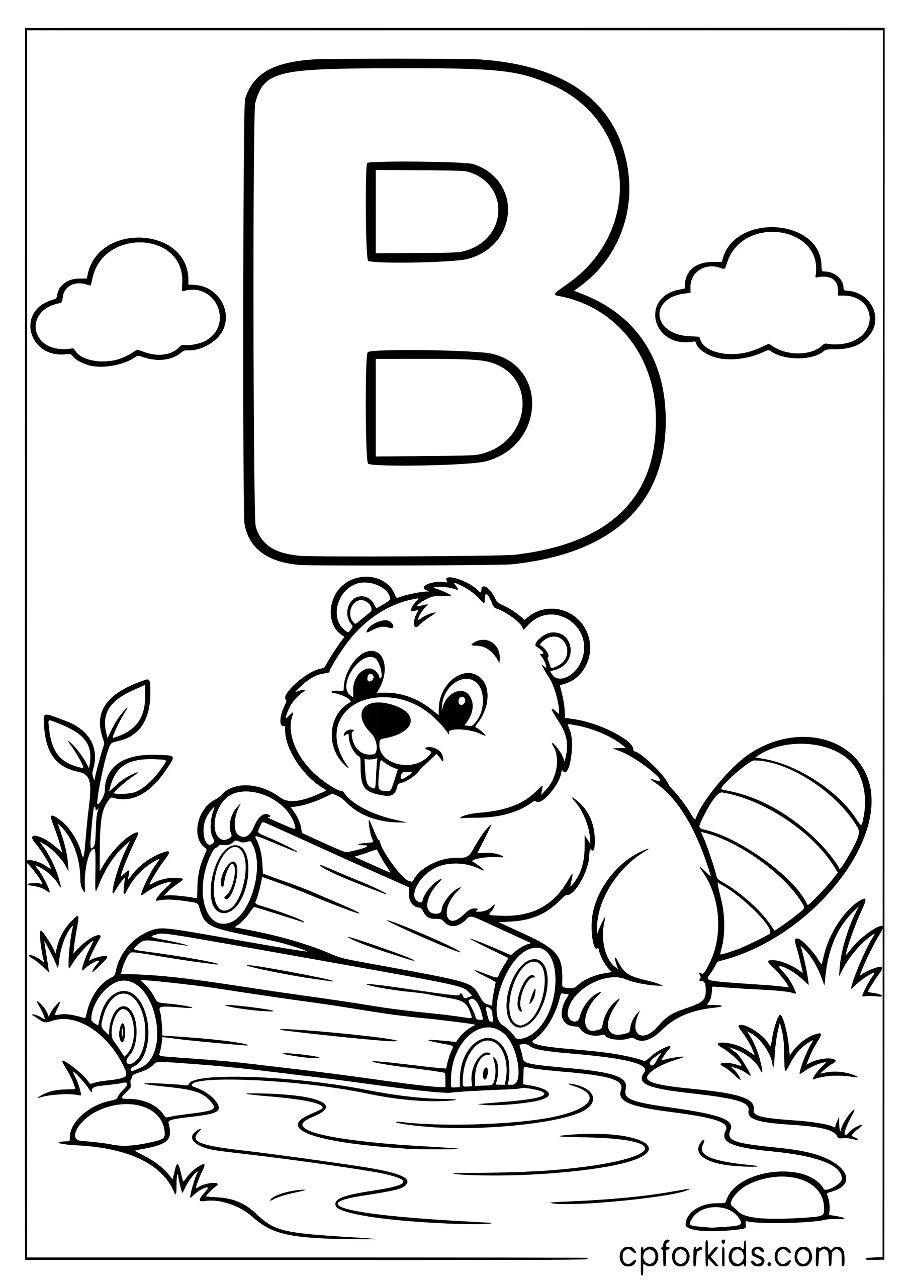 Uppercase B above a beaver building a log dam