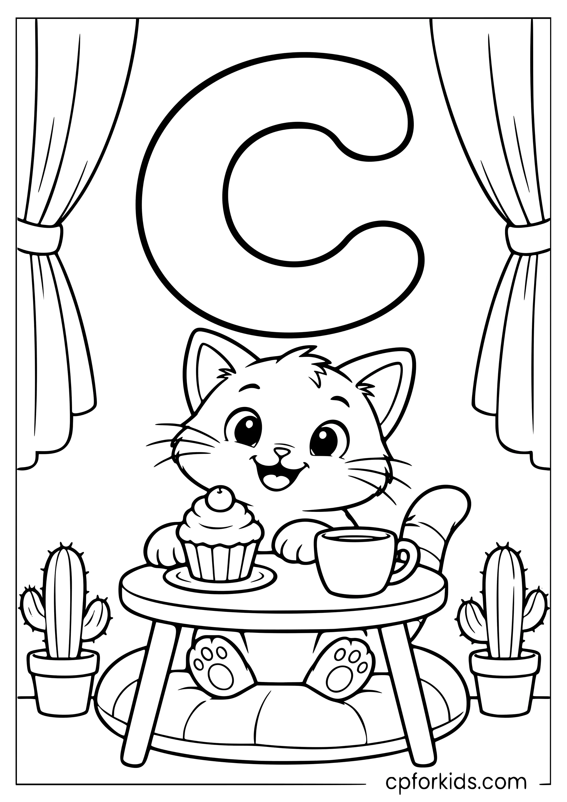 Uppercase C above a cat with cupcake and cup