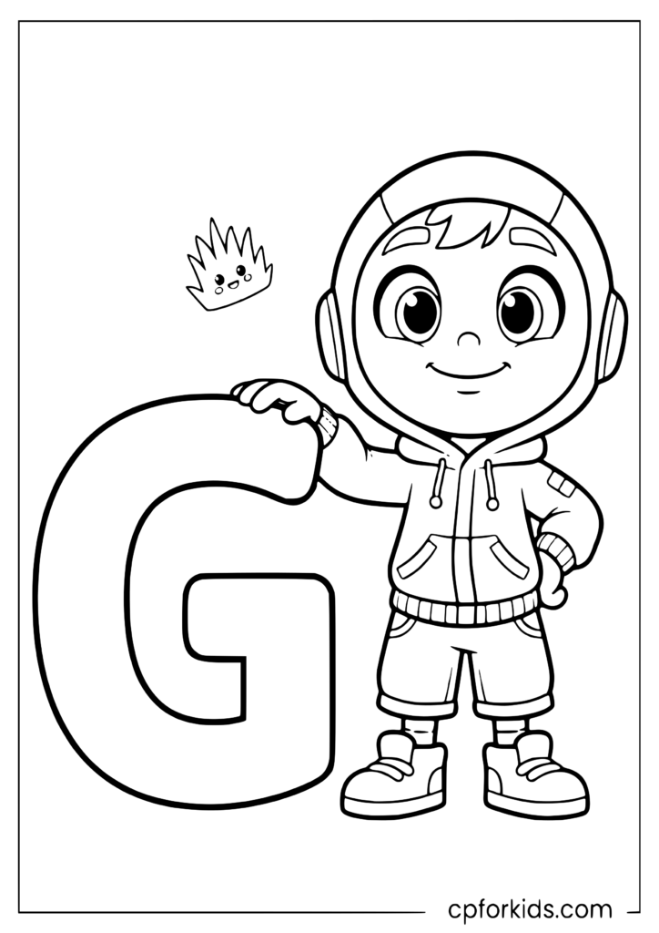 Letter coloring pages with a cute character illustration for kids.