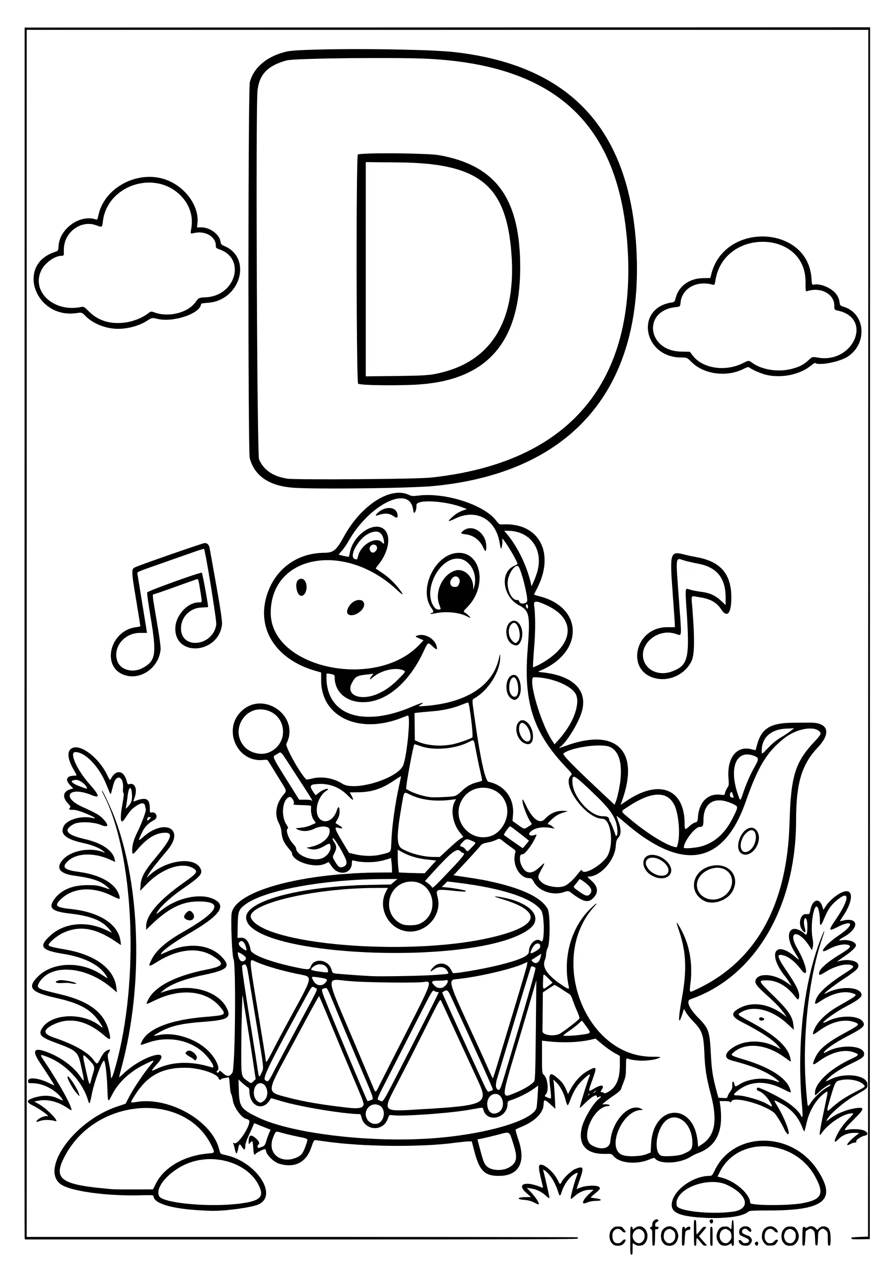 Uppercase D above a dinosaur playing a drum