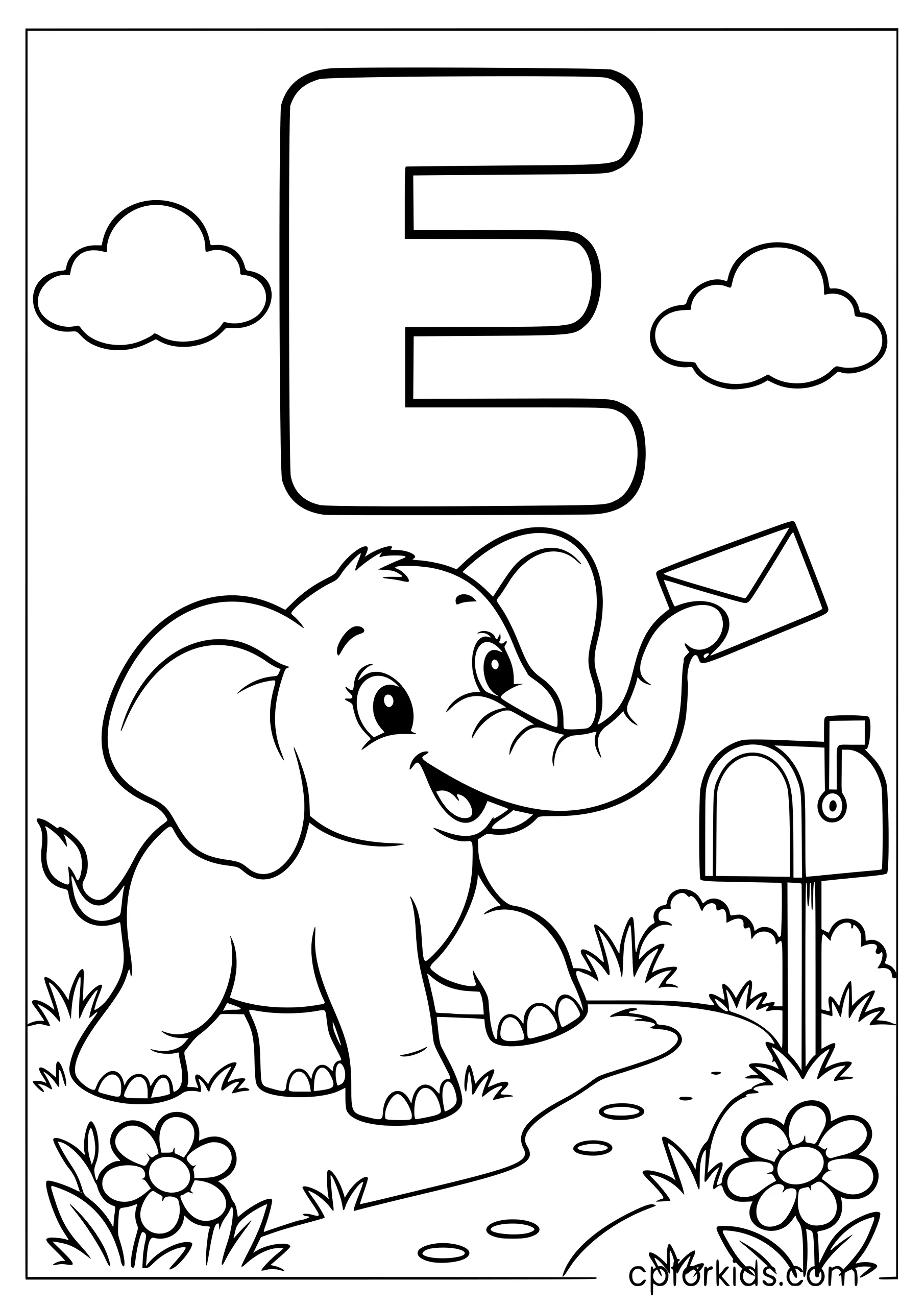 Uppercase E above an elephant carrying an envelope