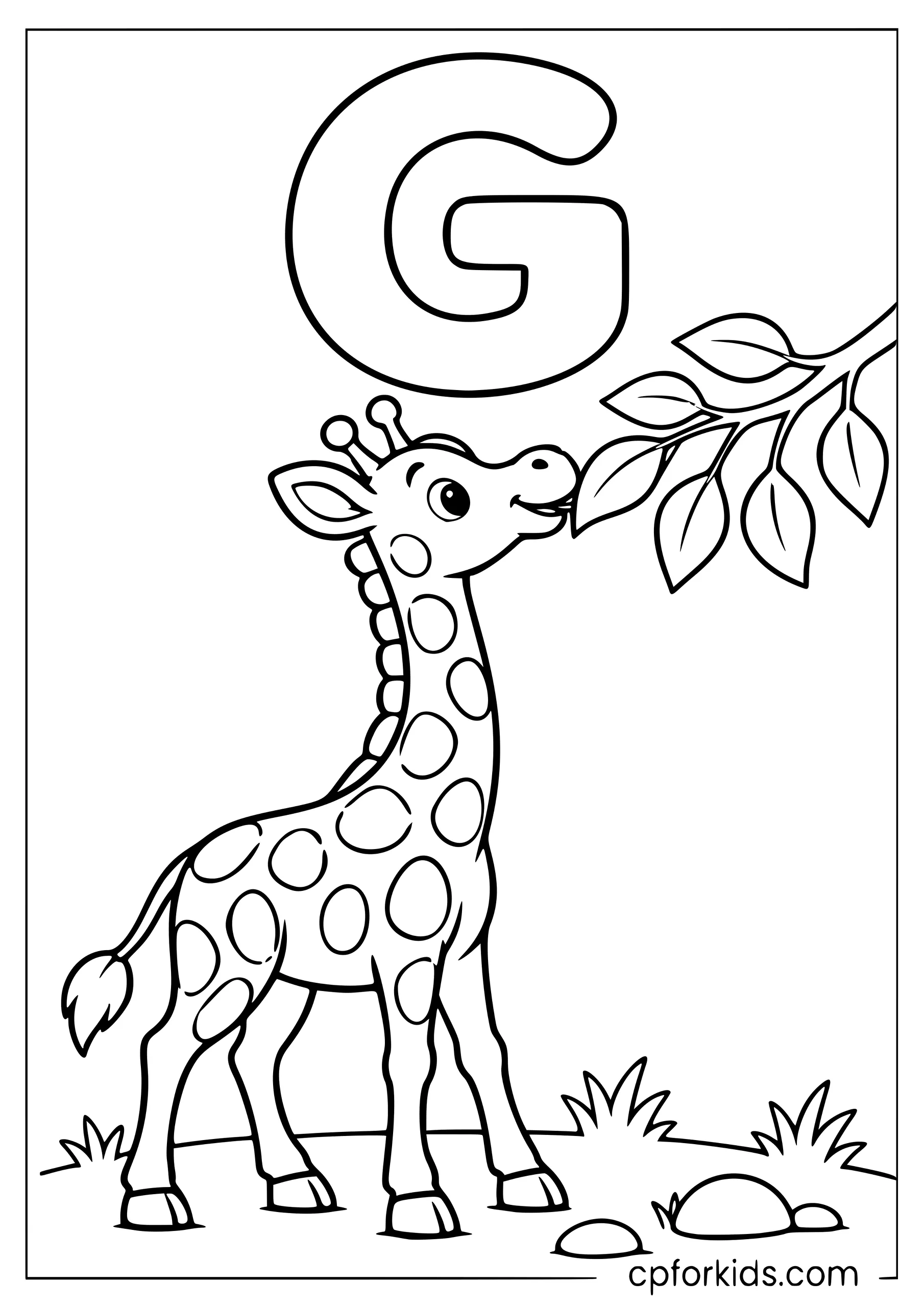 Uppercase G above a giraffe watering a garden