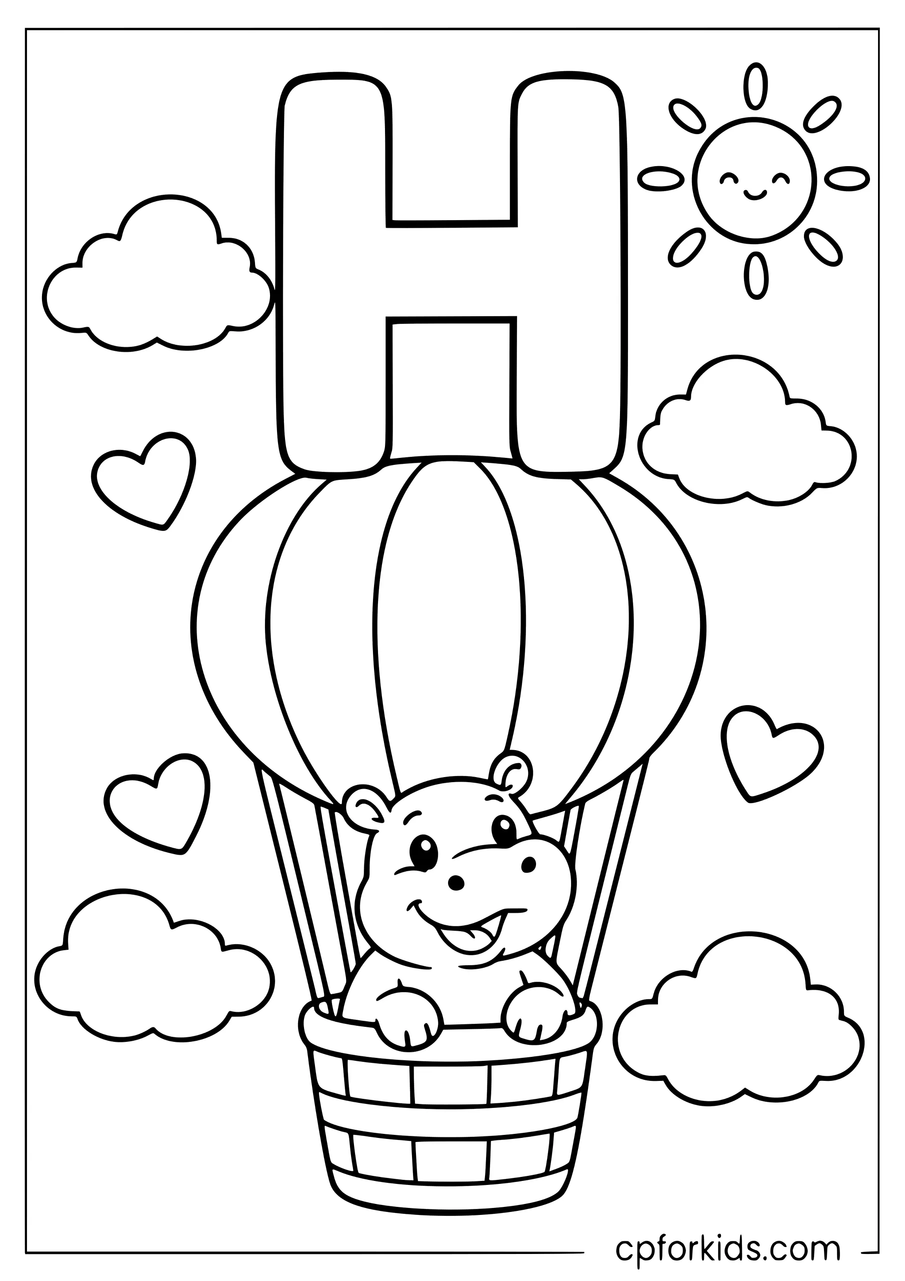 Uppercase H above a hippo riding a hot-air balloon