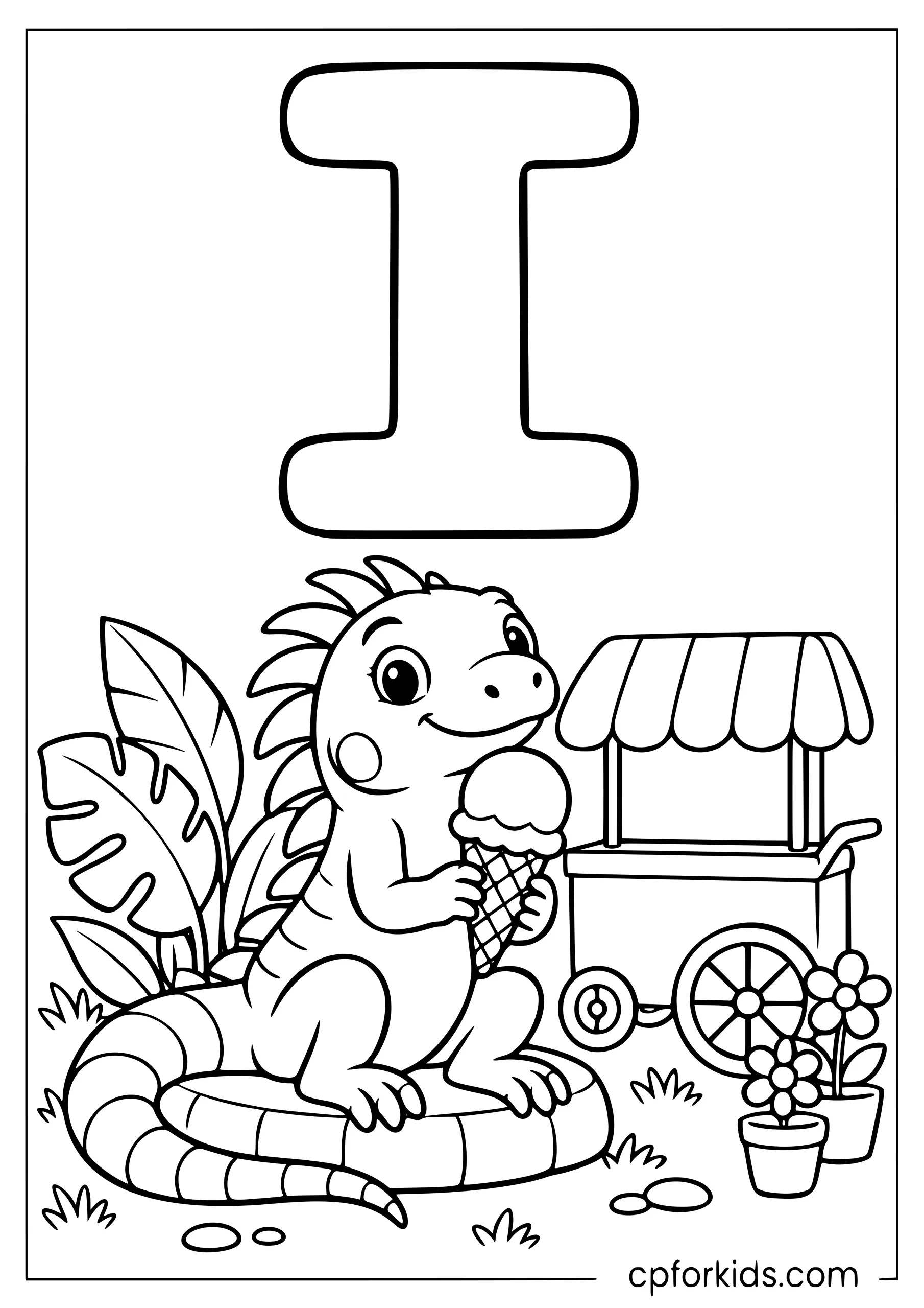 Uppercase I above an iguana holding ice cream
