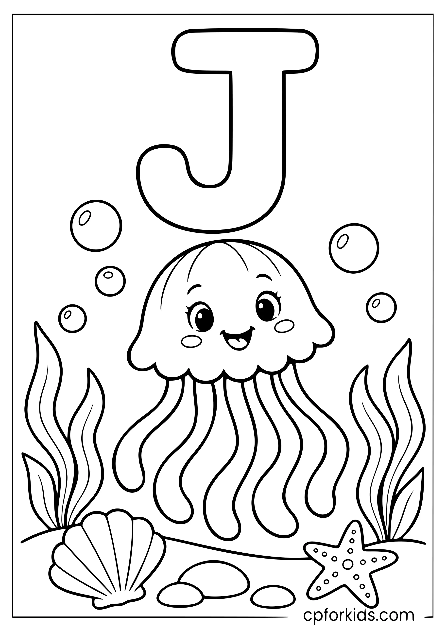 Uppercase J above a smiling jellyfish underwater