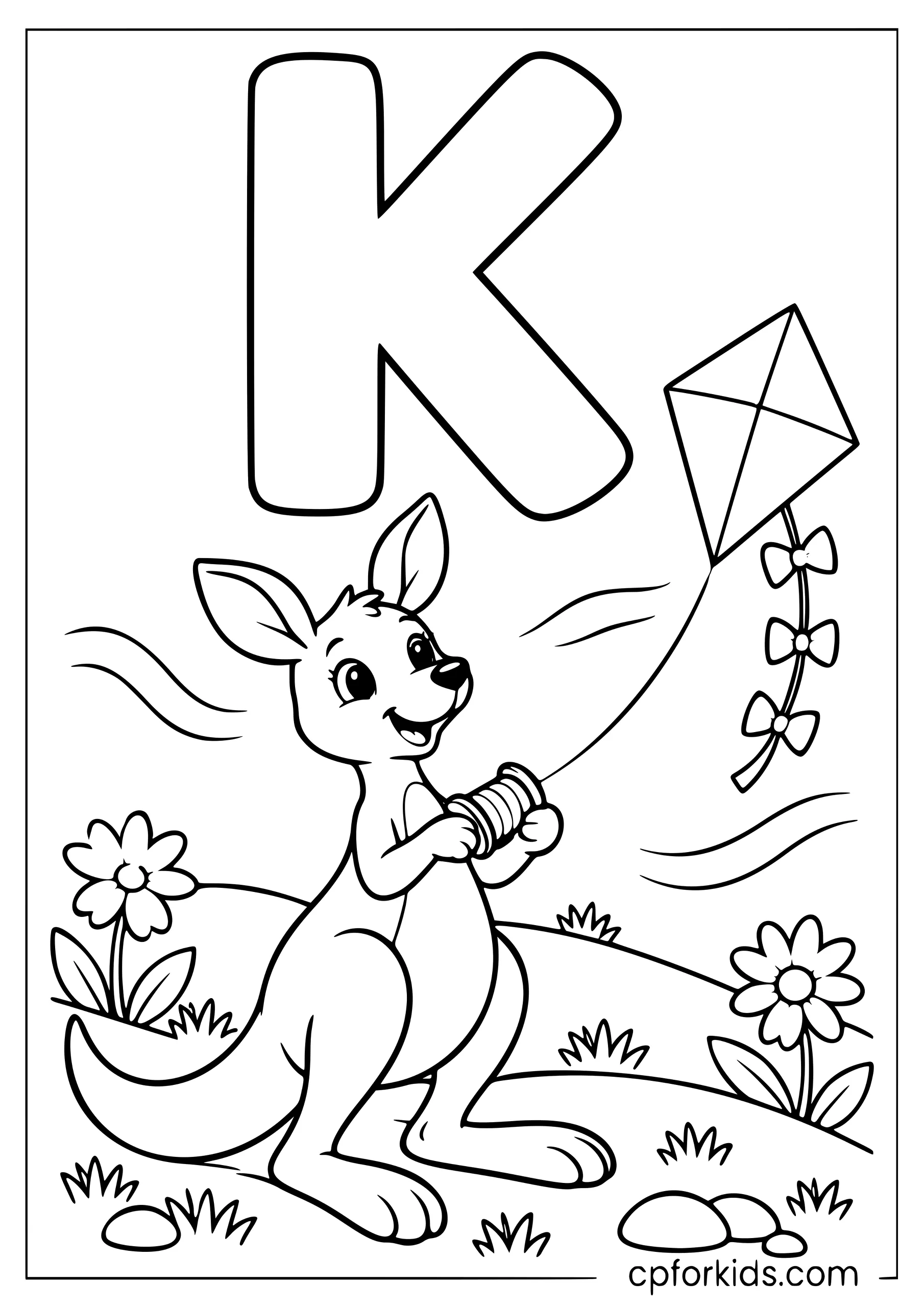 Uppercase K above a kangaroo flying a kite