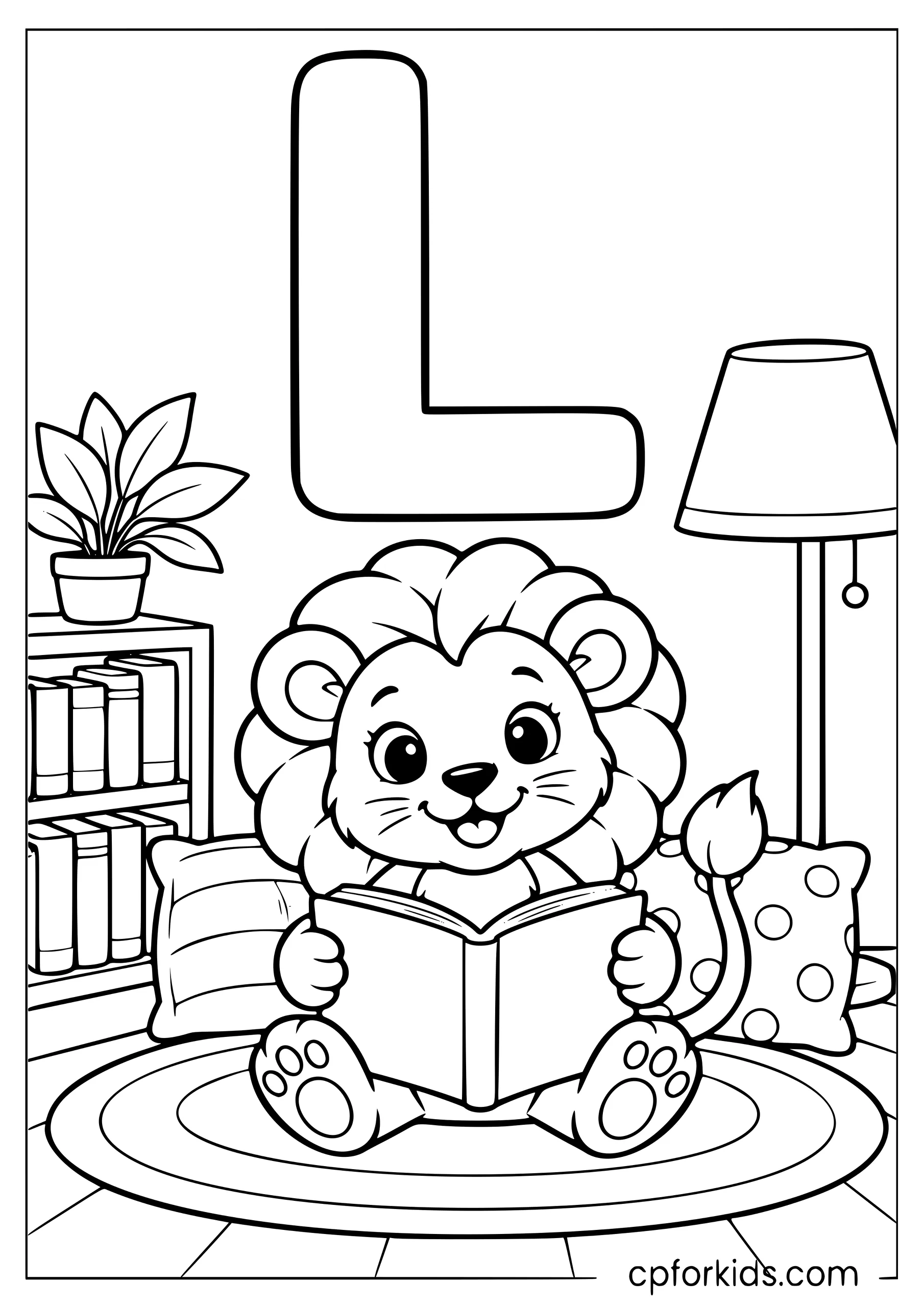 Uppercase L above a lion reading in a library