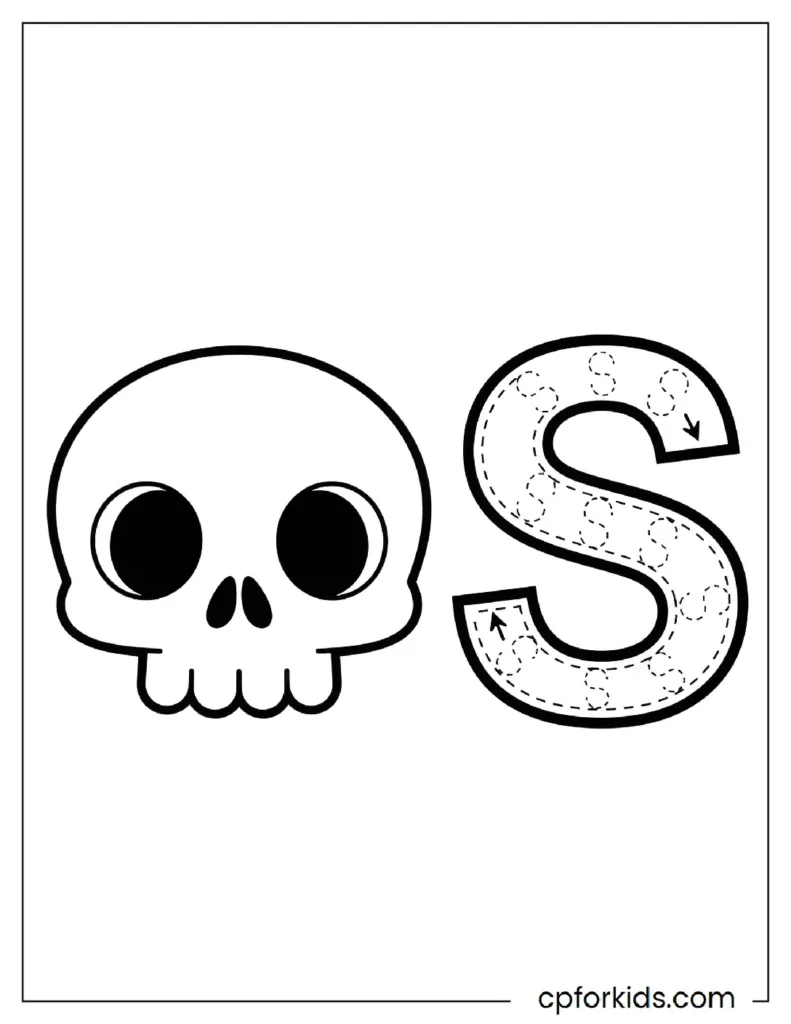 Educational coloring page for the letter 'S' featuring a simple Halloween skull illustration.