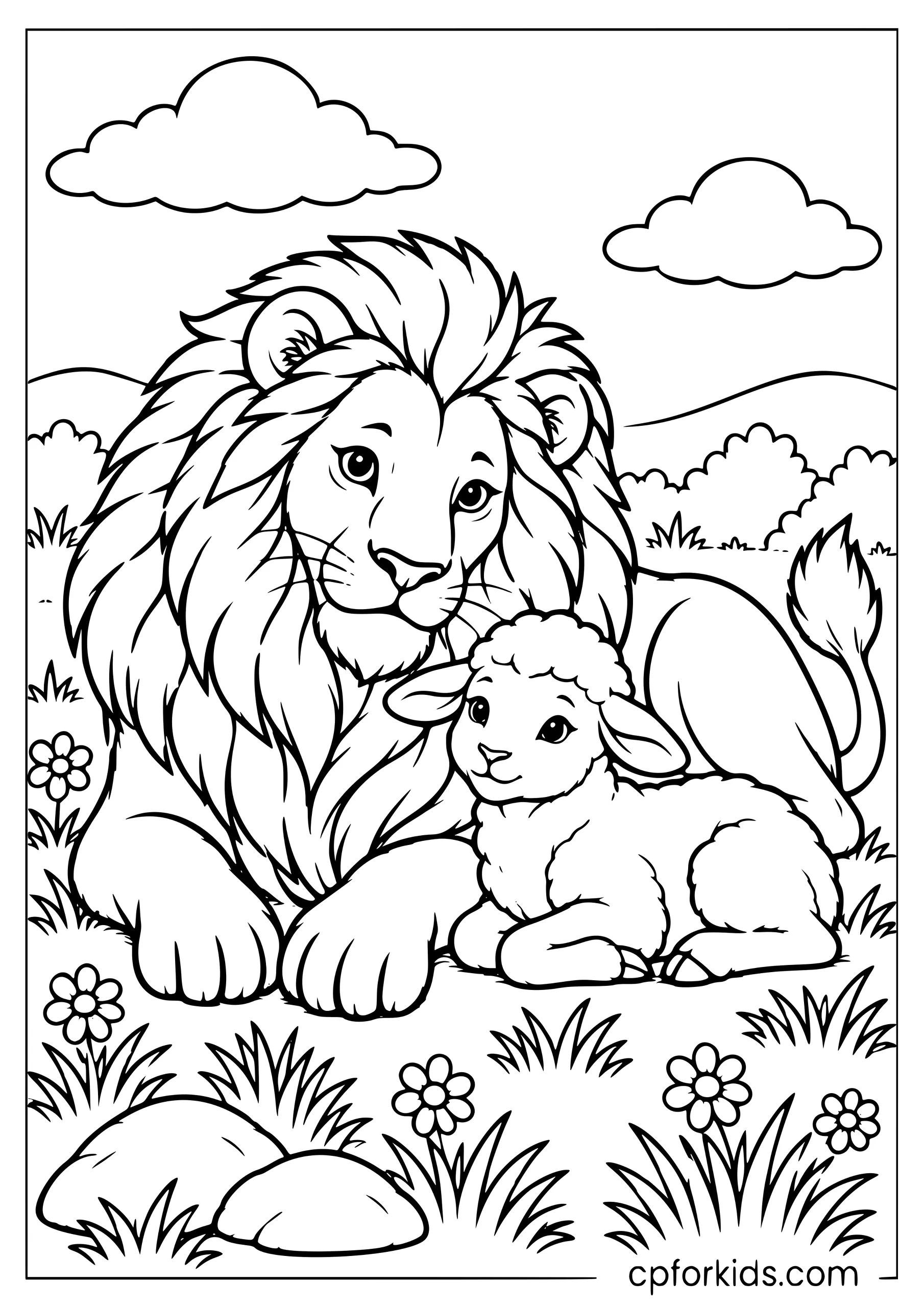 Lion and lamb resting peacefully together in grass
