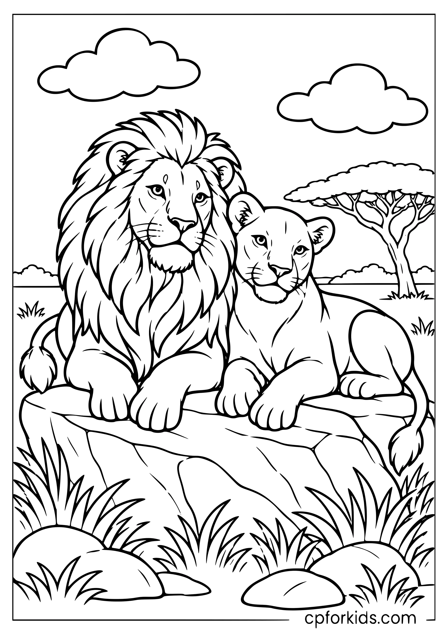 Lion and lioness resting together on a broad rock