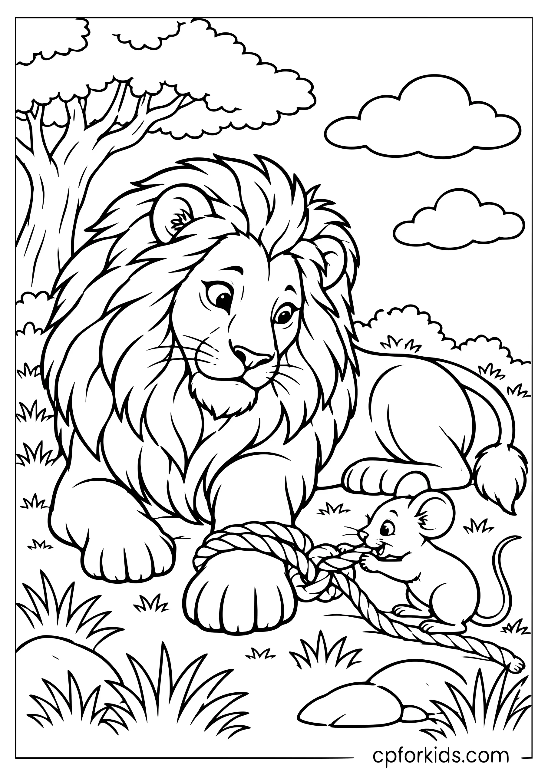 Lion watching a mouse untie a rope knot