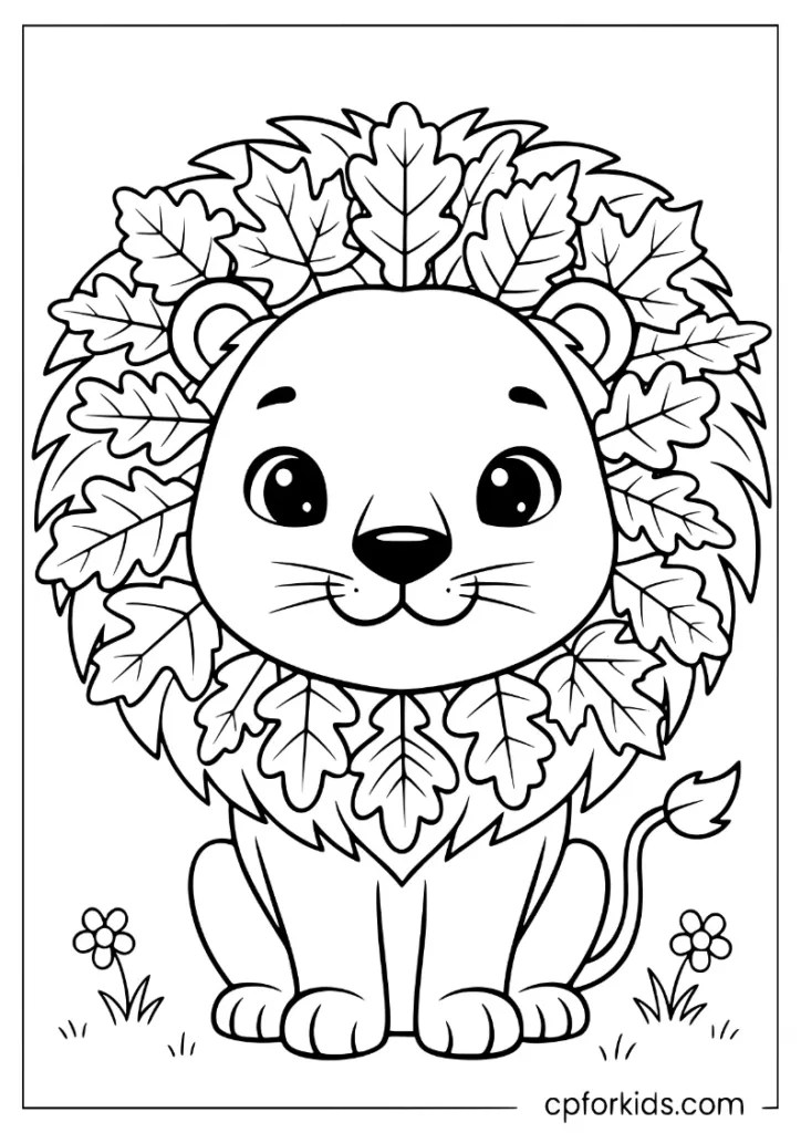 Lion with autumn leaves in its mane, November animal coloring page.