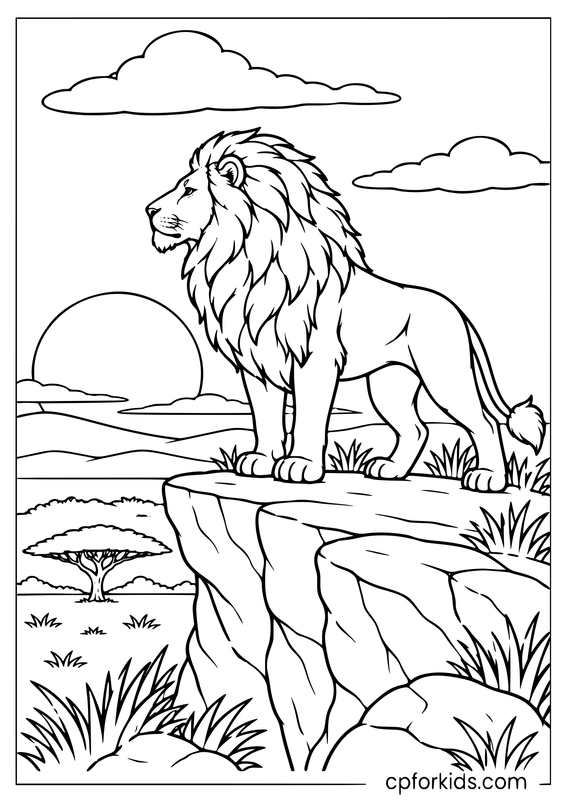Lion standing on a cliff beneath a setting sun