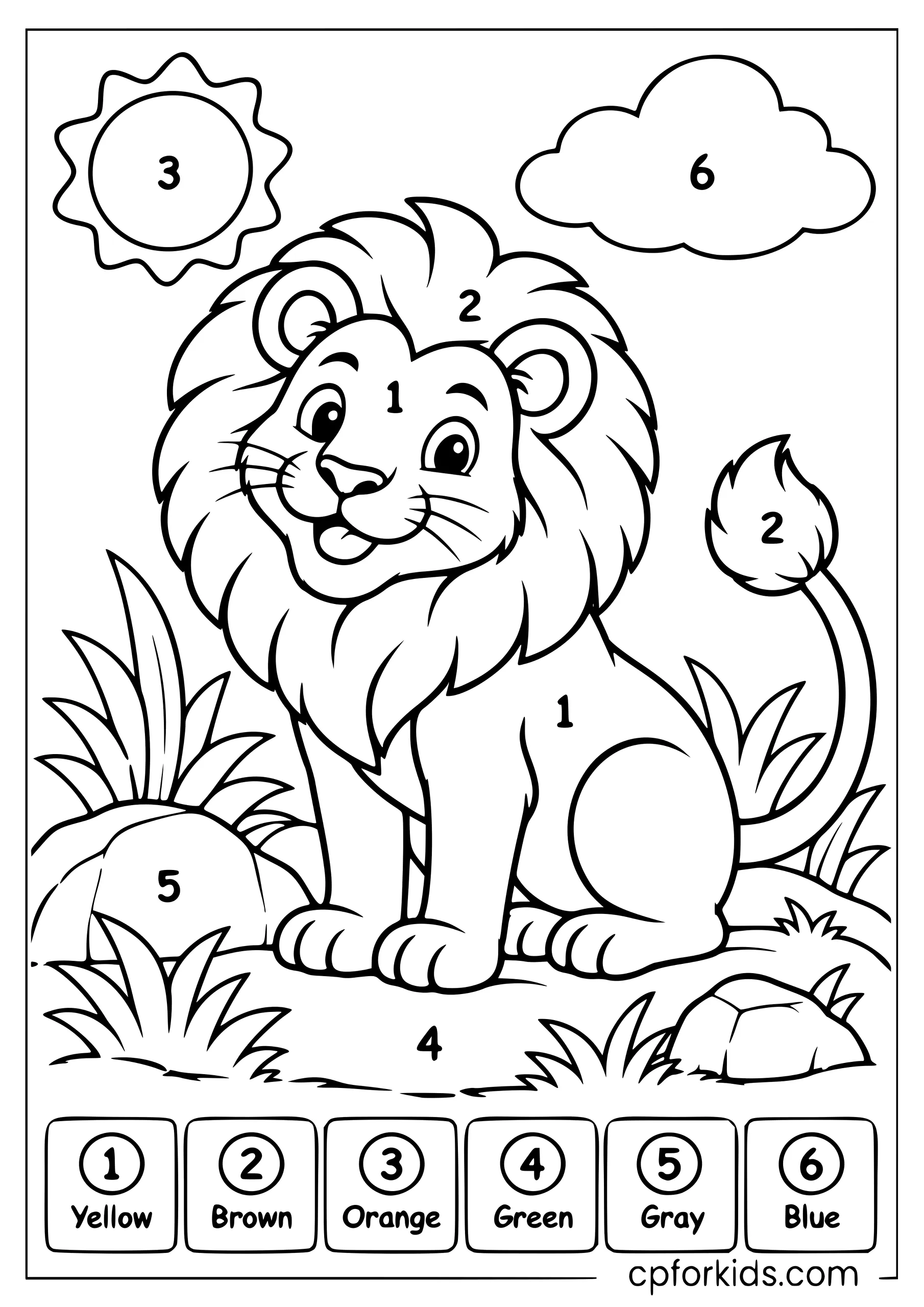 Standing lion color by number with six-color key