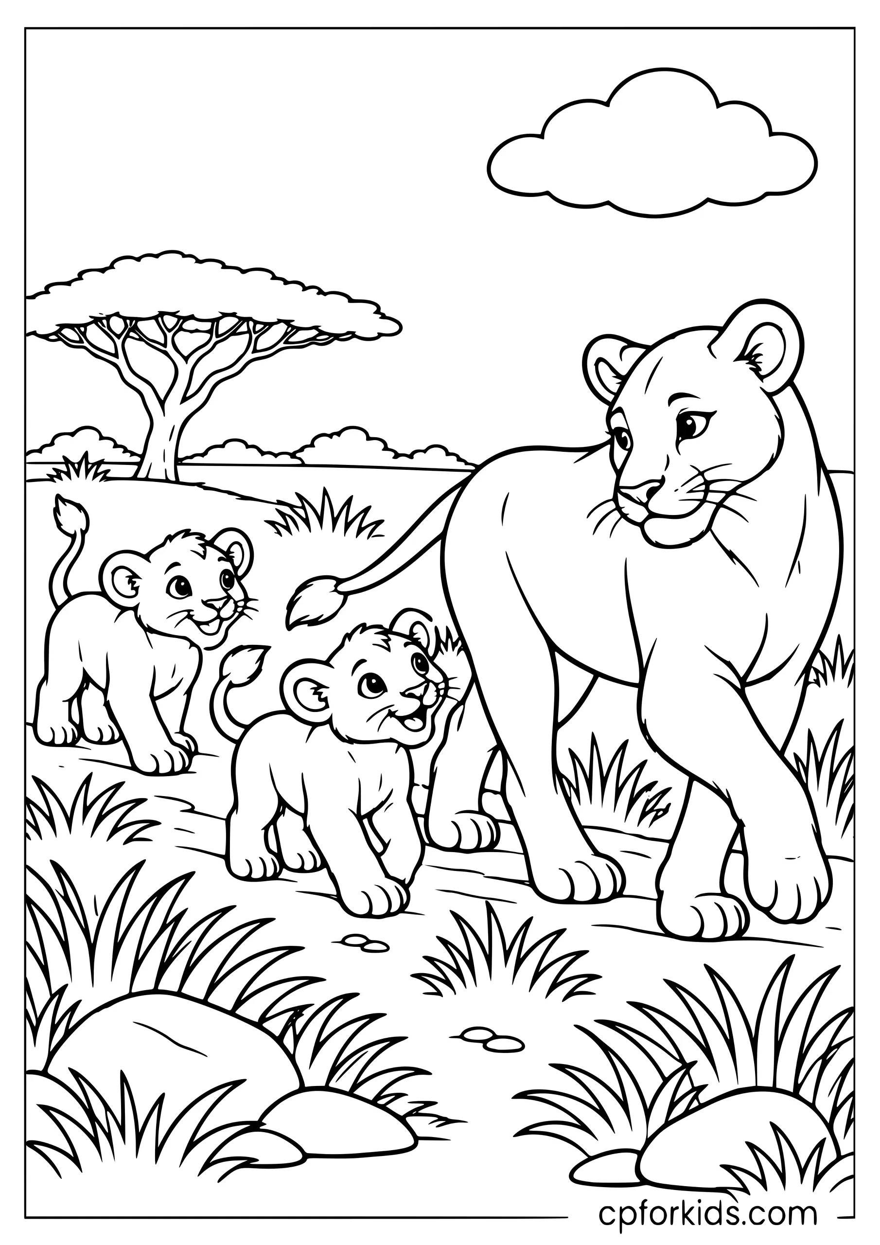 Lioness walking through grass with two cubs behind