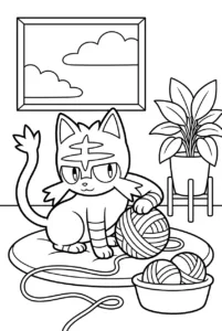 Litten playing with a large ball of yarn on a cozy rug