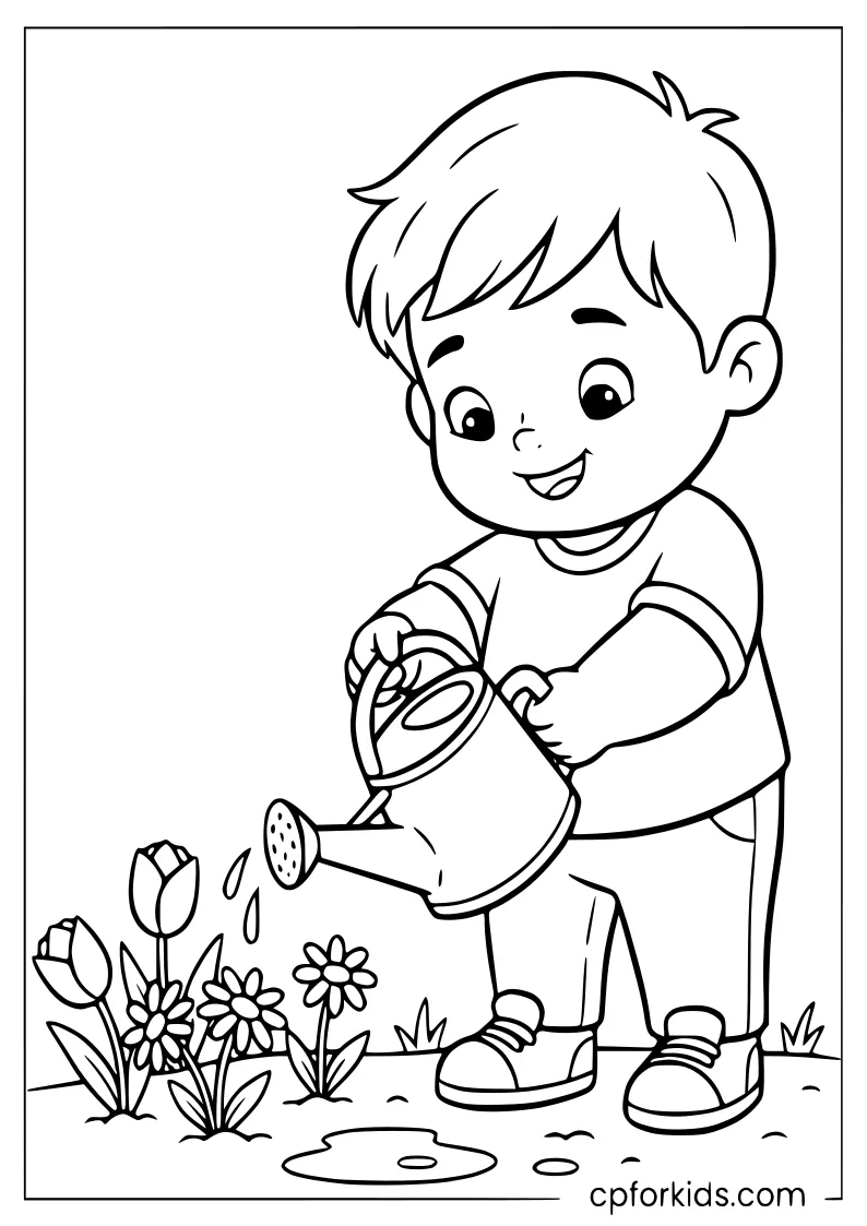 Little boy watering spring flowers