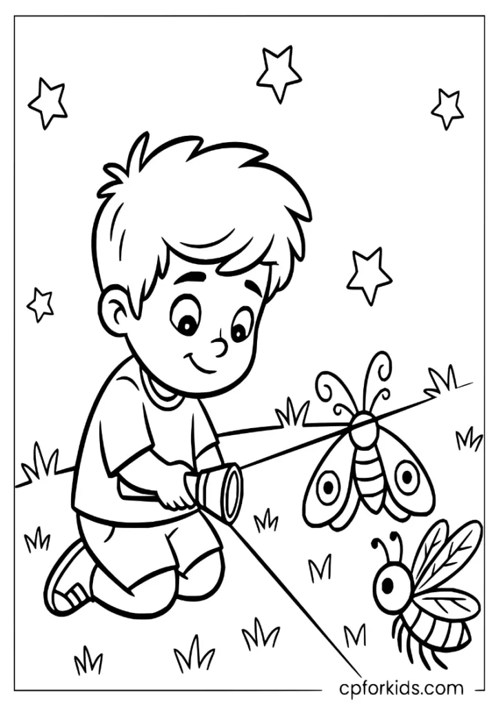 Little child catching insects with a flashlight in a moonlit backyard