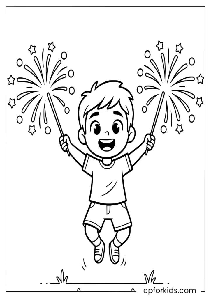 Preschool child jumping excitedly in the backyard with mini sparklers at their feet