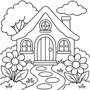 Small cottage with a curved path and two flowers