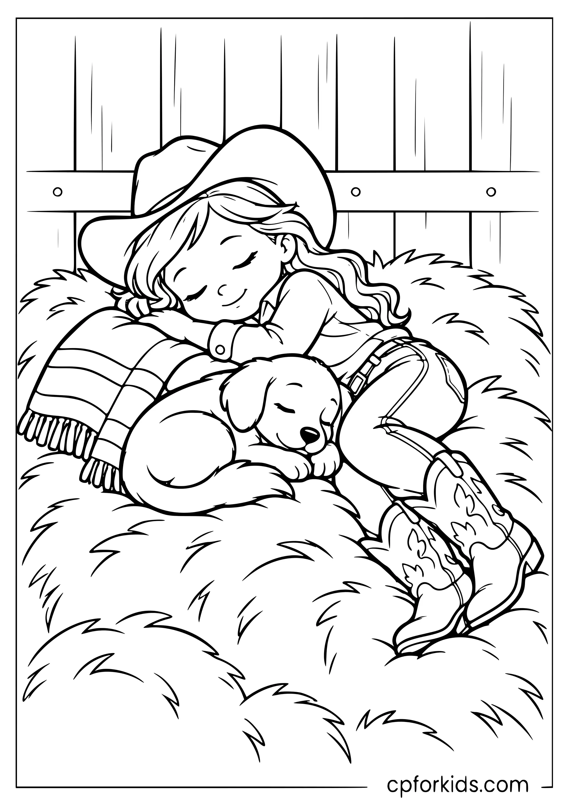 Little cowgirl sleeping on a hay bed with her dog