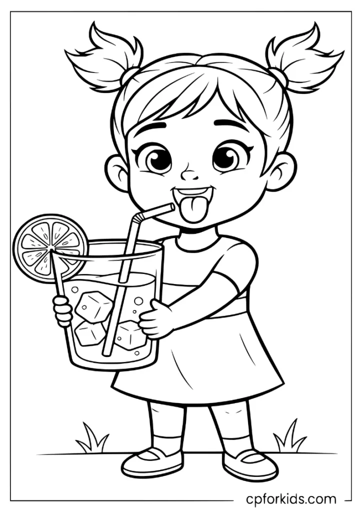 Little girl holding a glass of lemonade with her tongue out on a sunny summer afternoon
