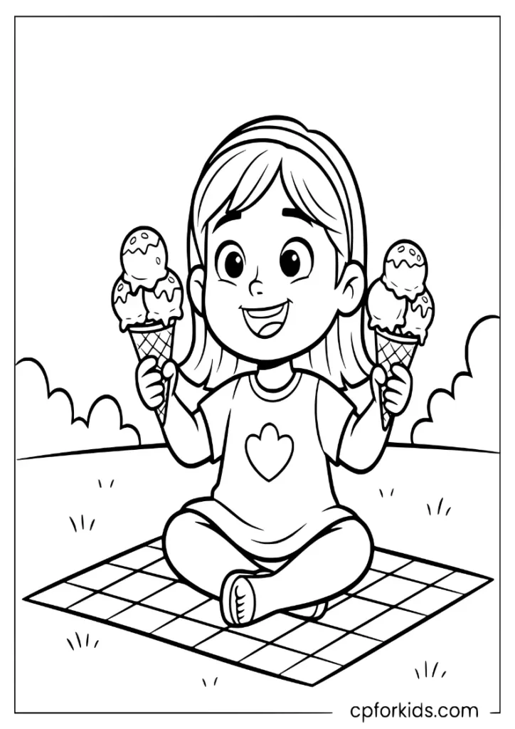 Little girl sitting on a picnic blanket holding ice cream cones