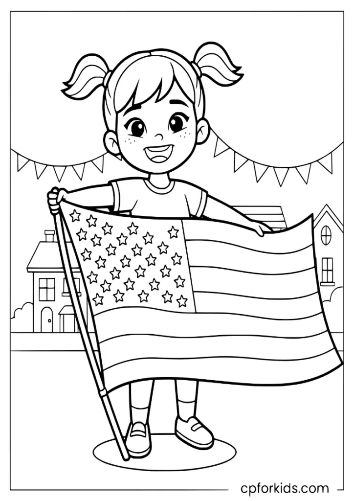 Little girl waving a huge American flag at neighborhood parade, July 4th coloring sheet for Kids