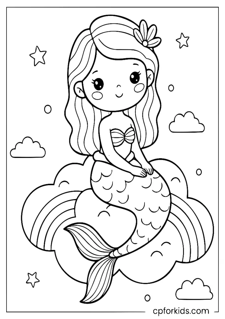 Little mermaid sitting on a rainbow cloud coloring sheet