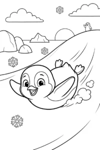 Cute little penguin sliding down a snowy slope