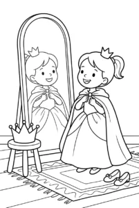 A little princess trying on a cape in front of a mirror