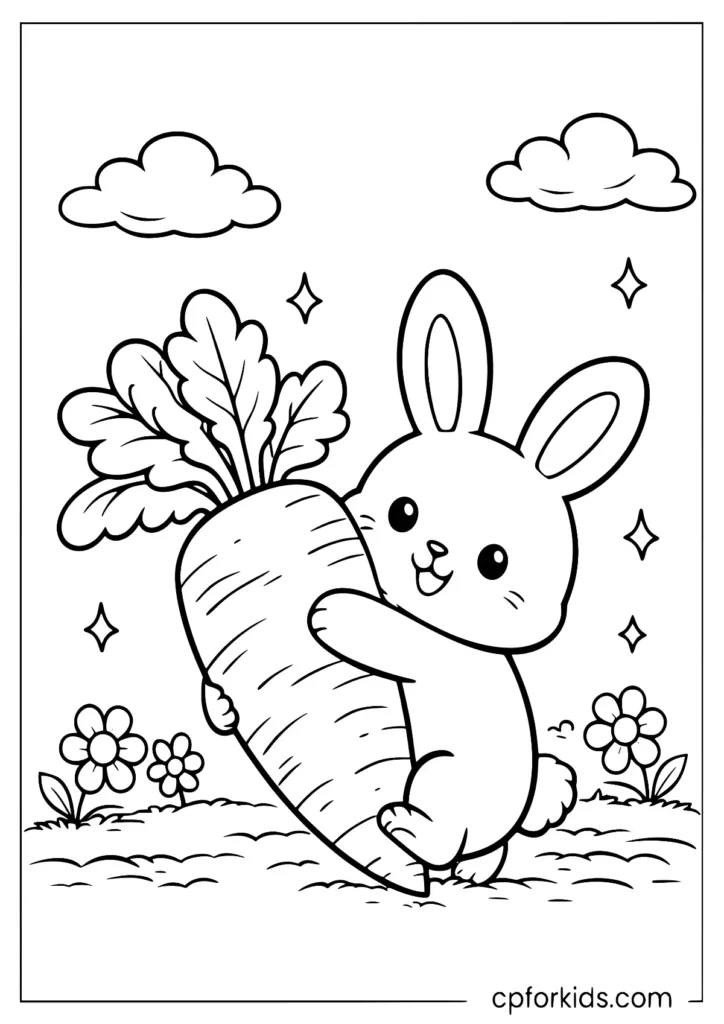 Little rabbit carrying a carrot as big as himself coloring page