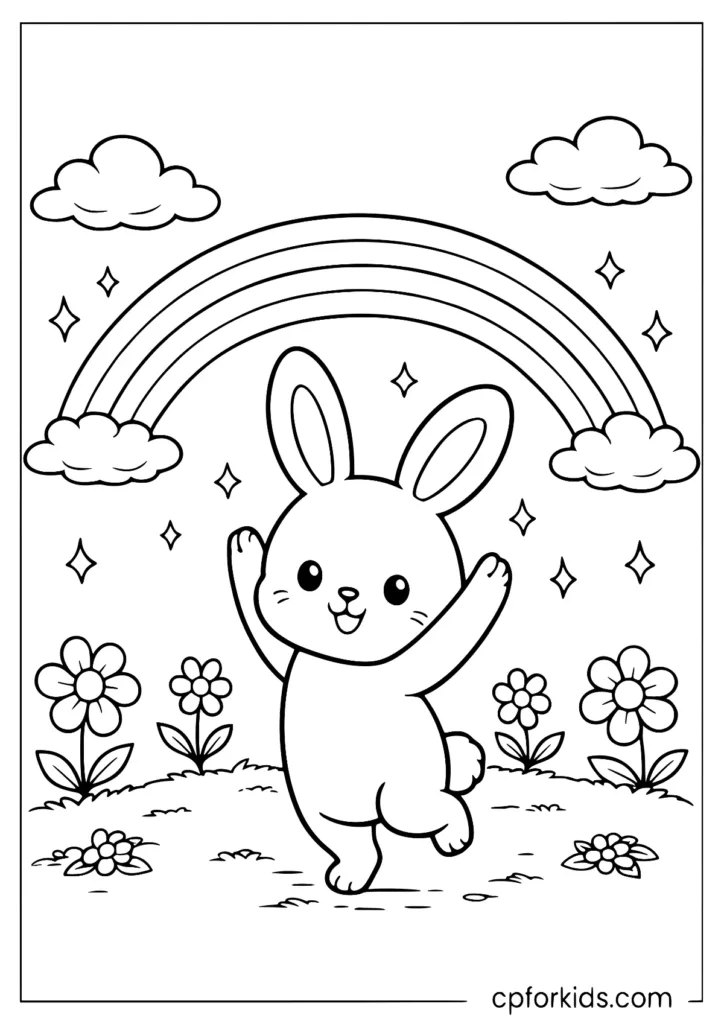 Little rabbit dancing under a rainbow coloring page