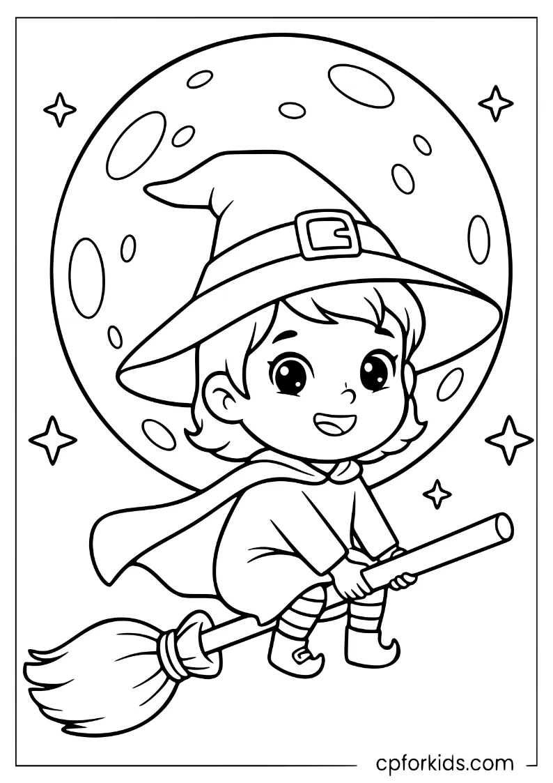 A small witch flying on a broomstick in front of a full moon