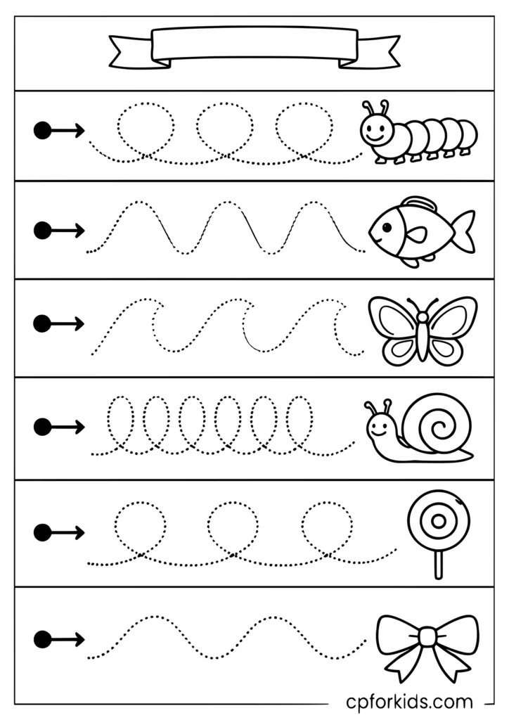 Loop and wave line tracing coloring page with dotted loops and waves for kids