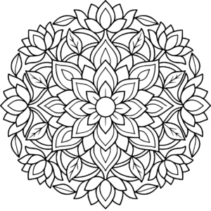 Layered lotus mandala surrounded by flowers and pointed leaves