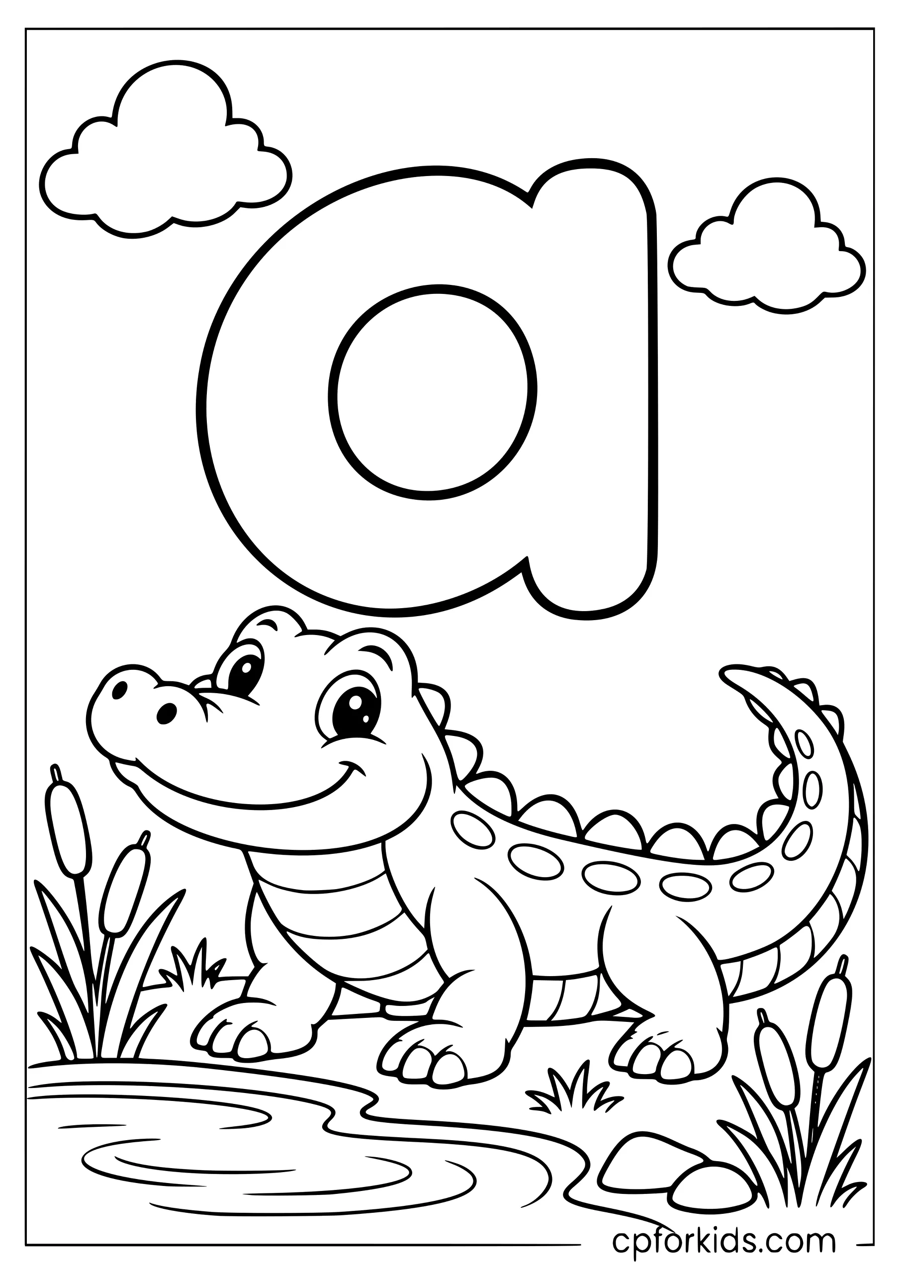Lowercase a above a smiling alligator by water