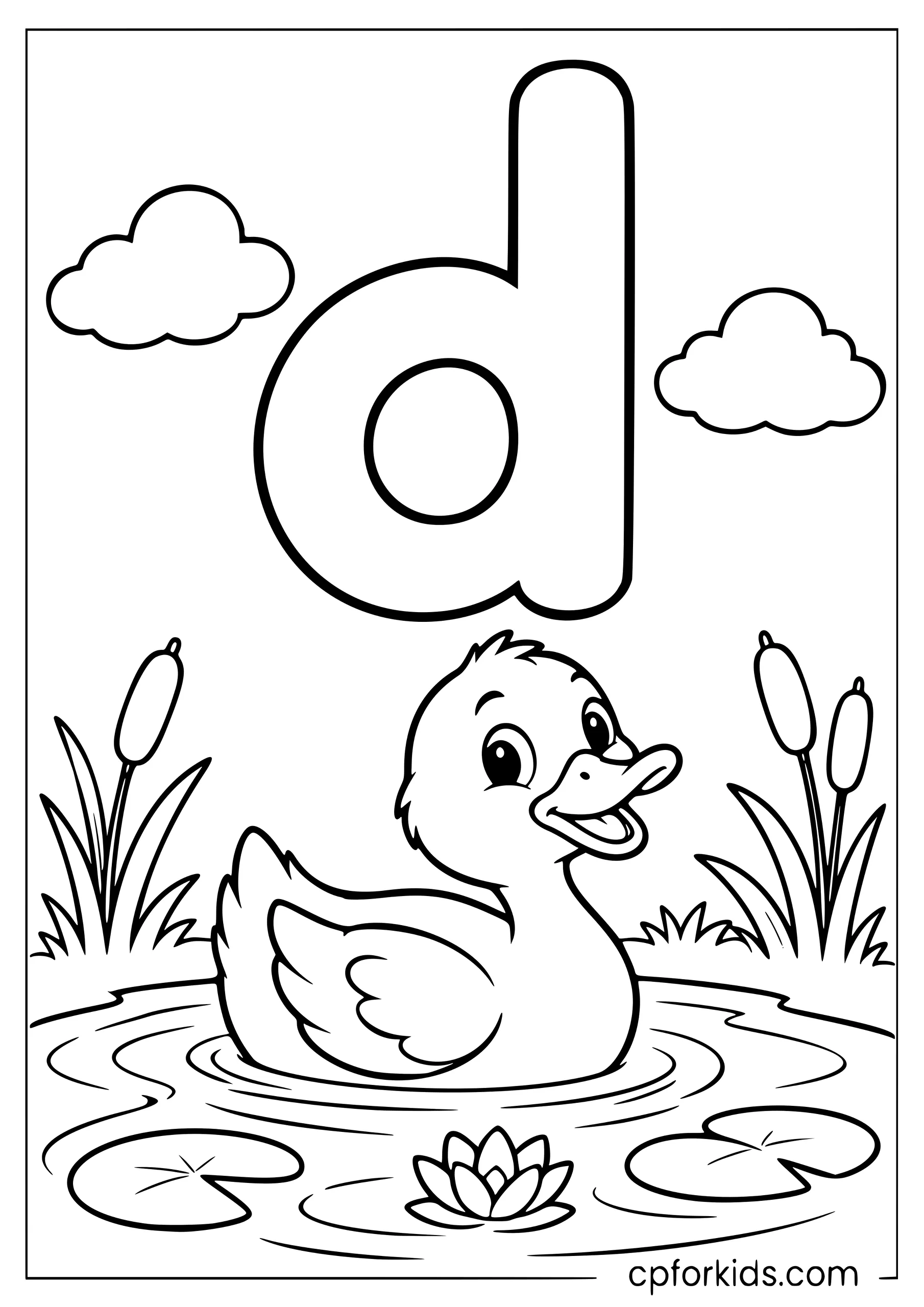 Lowercase d above a duck swimming in a pond