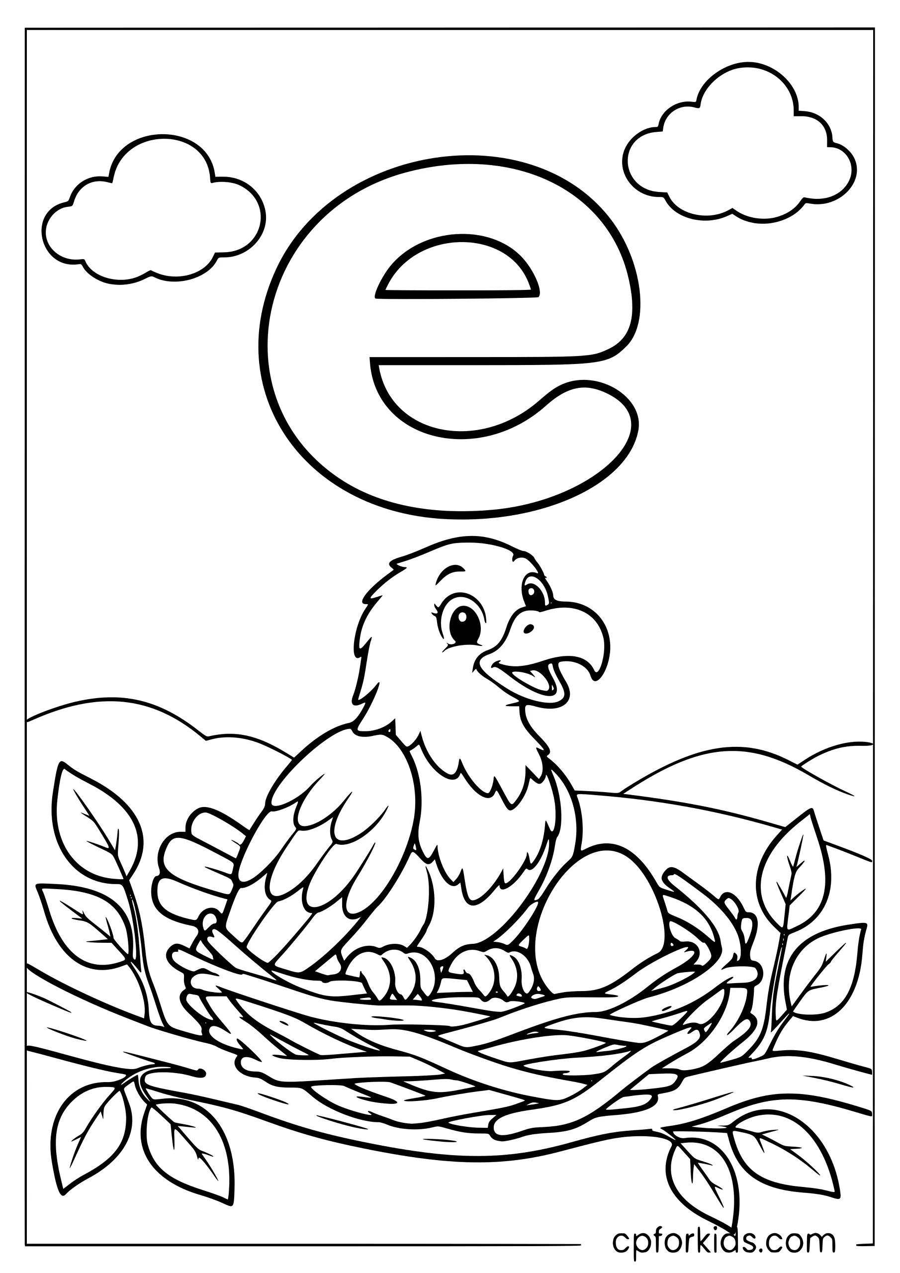 Lowercase e above an eagle guarding one egg