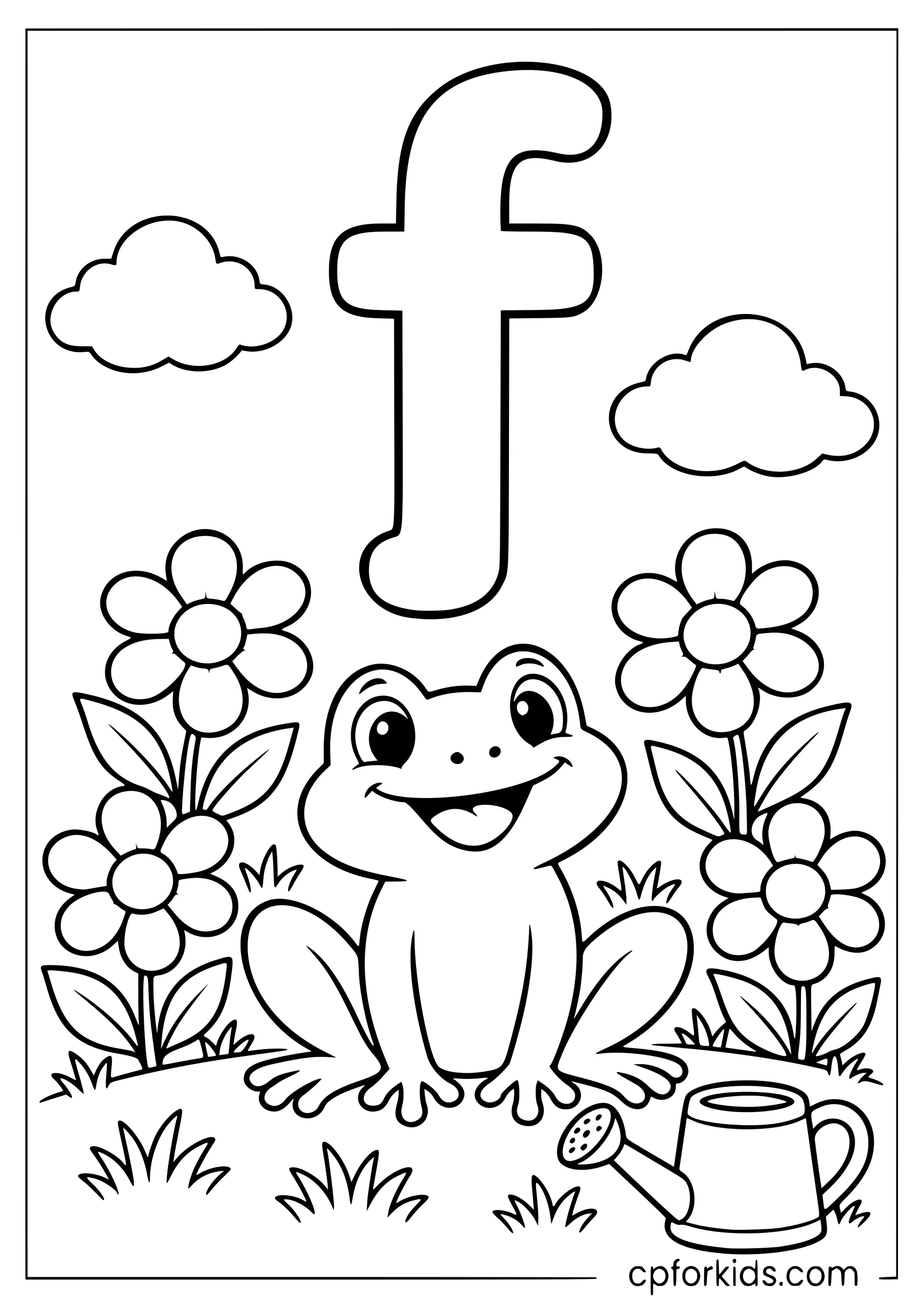 Lowercase f above a frog sitting among flowers